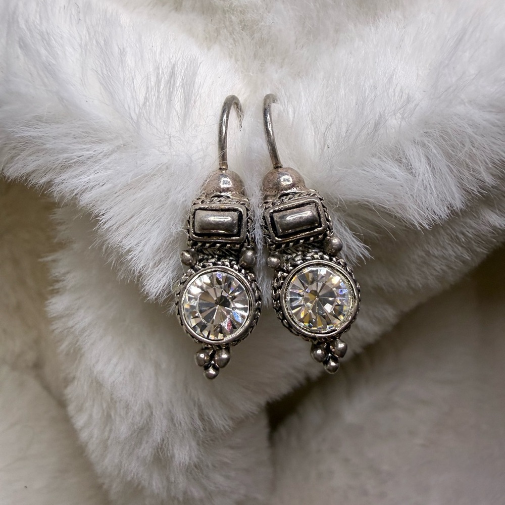 Unique Vintage Silver Crystal or CZ Drop Earrings - Picture 2 of 10
